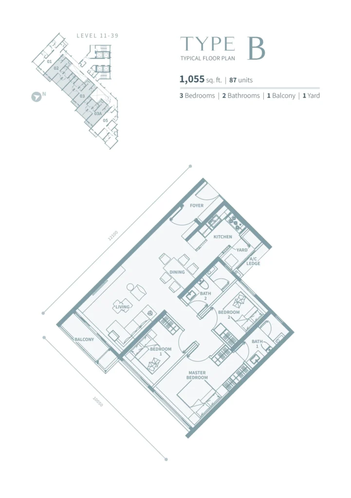 Merione Residences Layouts TYPE B 1055sqft